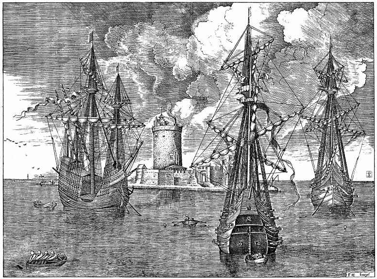 Питер Брейгель Старший. Четырехмачтовое и два трехмачтовых судна на фоне крепости на острове