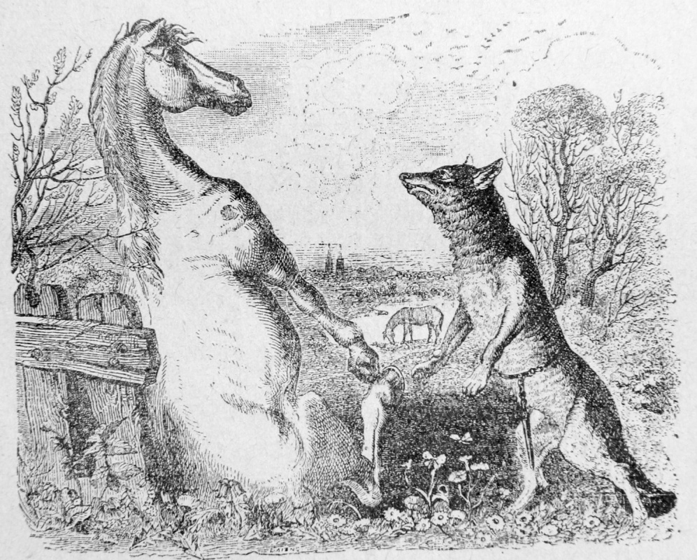 Жан Иньяс Изидор (Жерар) Гранвиль. Волк и Конь. Иллюстрации к басням Жана де Лафонтена