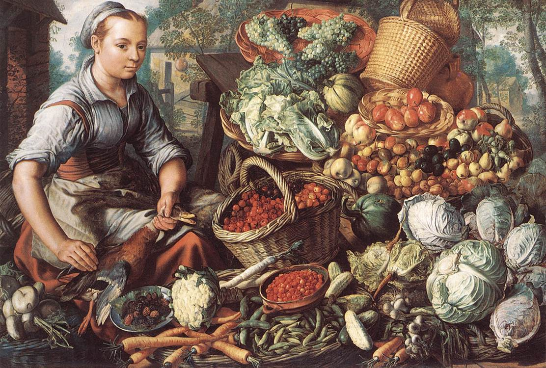 Иоахим Беуккелаеп. Продавщица с фруктами, овощами и птицей