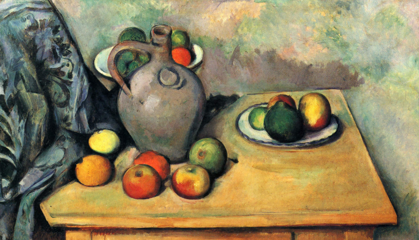 Поль Сезанн. Натюрморт с кувшином и фруктами на столе