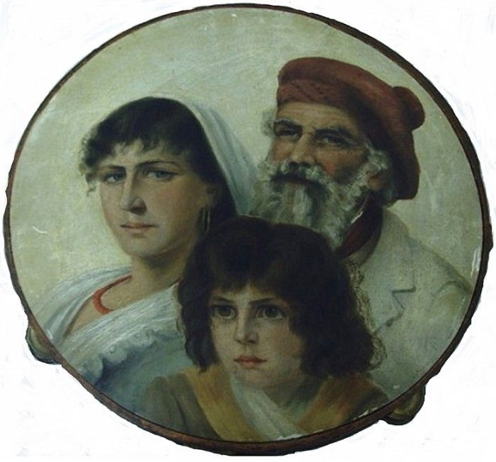 Пьер Огюст Ренуар. Семейный портрет на тамбурине. Агостина Сегатори, ее сын Жан-Пьер и муж