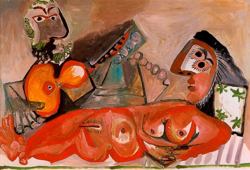 Пабло Пикассо. Лежащая обнаженная и мужчина, играющий на гитаре