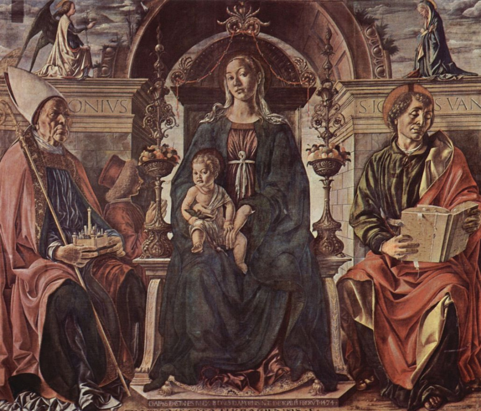 Франческо дель Косса. Мадонна на престоле, св. Петрониус и св. Иоанн Евангелист