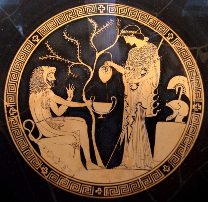 Античная Вазопись. Геракл дарит яблоки Гесперид Афине