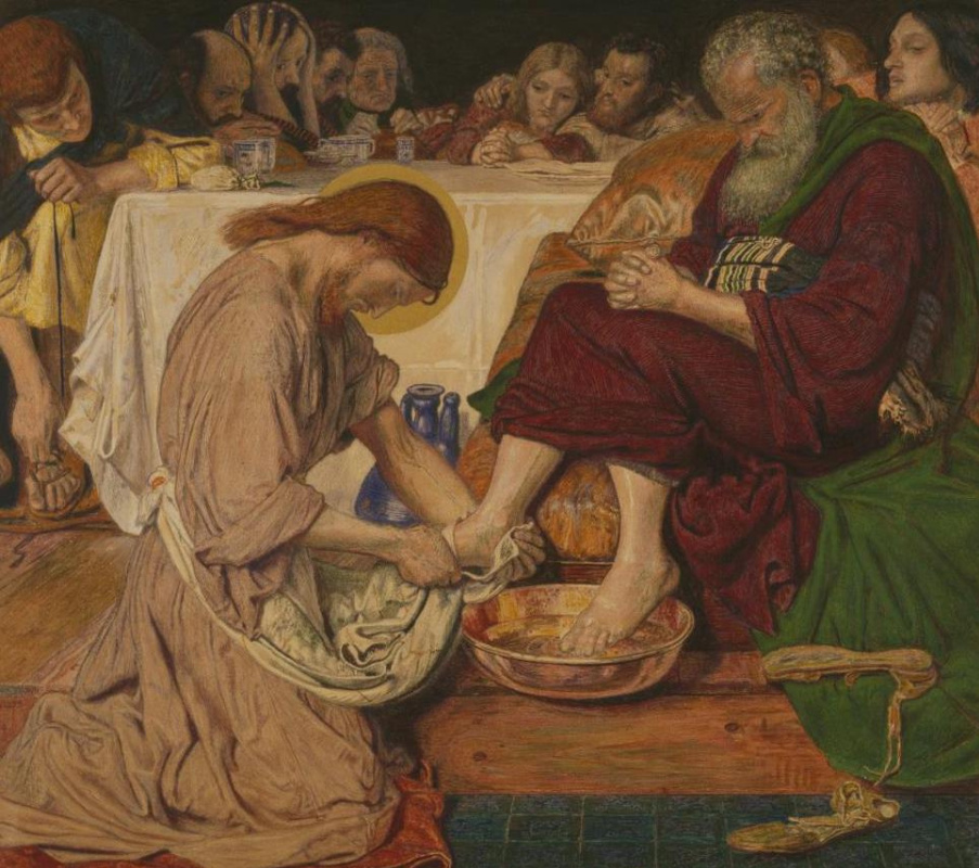 Форд Мэдокс Браун. Иисус омывает ноги Петру (акварель). Фрагмент