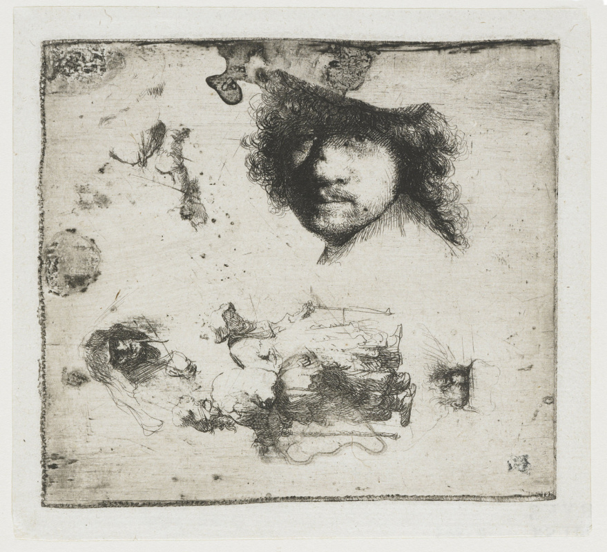 Рембрандт Харменс ван Рейн. Лист этюдов с автопортретом, парой нищих, головами старика и женщины