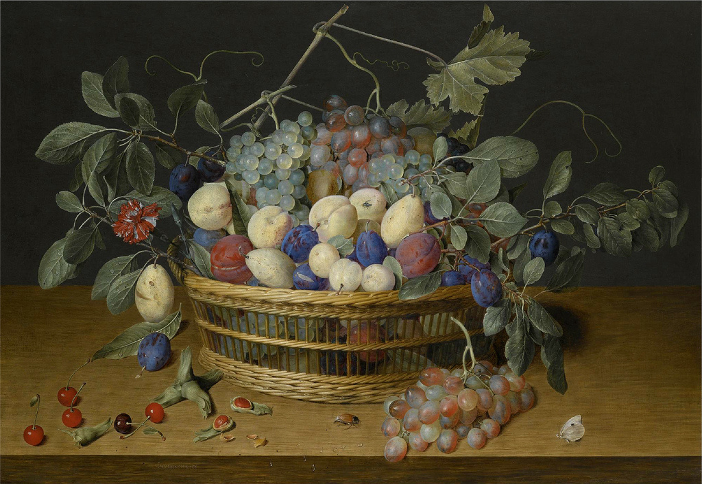 Якоб ван Хюльсдонк. Натюрморт со сливами, виноградом и персиками в плетеной корзине, с вишнями, фундуком, жуком и бабочками