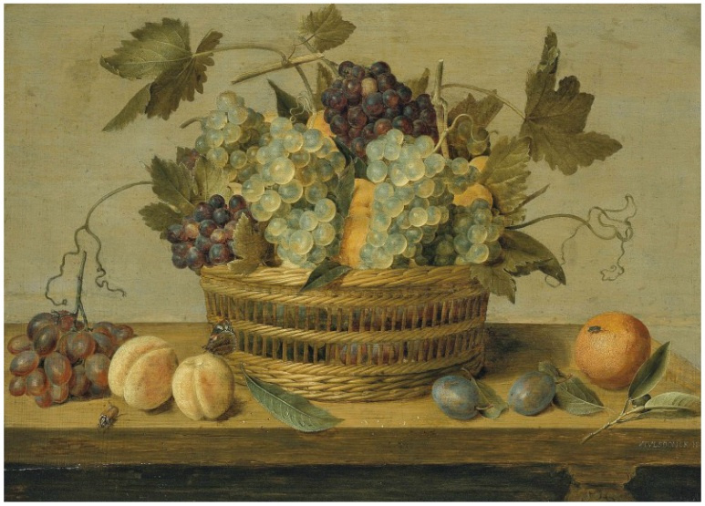 Якоб ван Хюльсдонк. Нектарины и виноград в корзине на столе со сливами, апельсинами, бабочкой и жуком