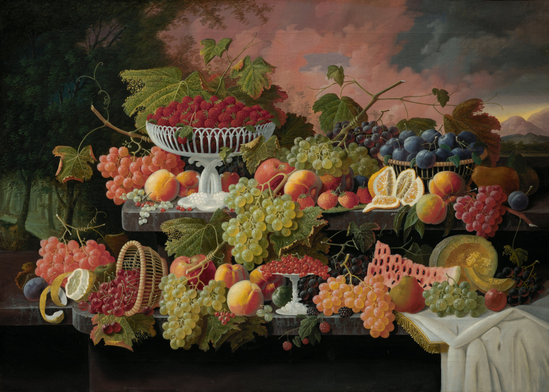 Северин Розен. Двухуровневый натюрморт с фруктами на фоне заката