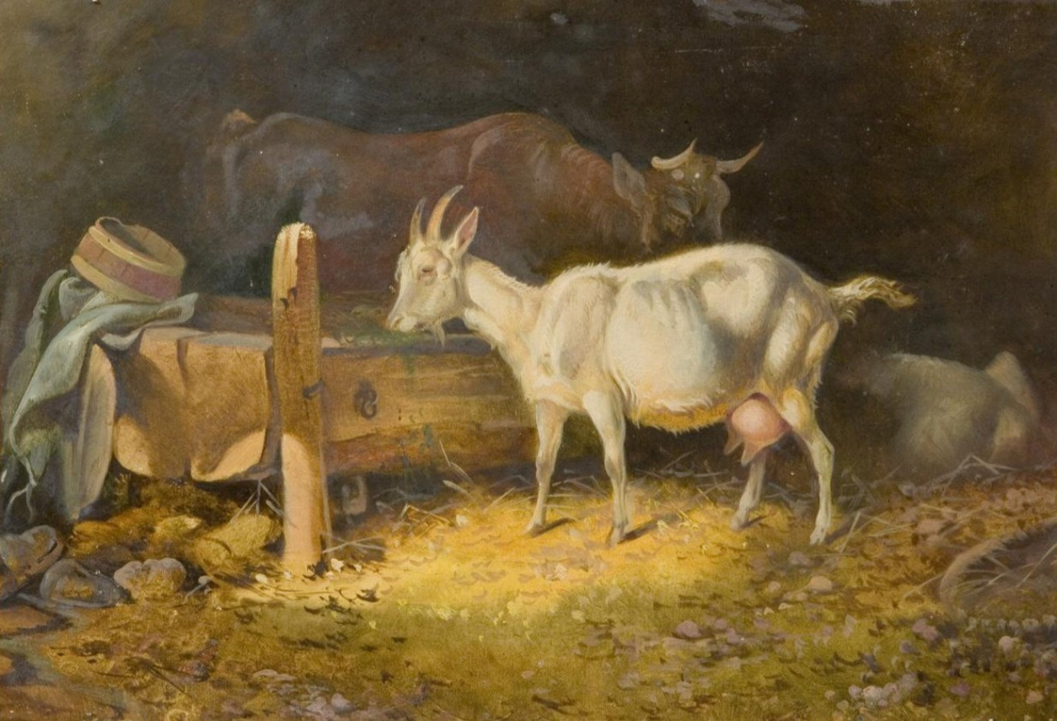 Фридрих Гауерманн. Коза и корова у кормушки