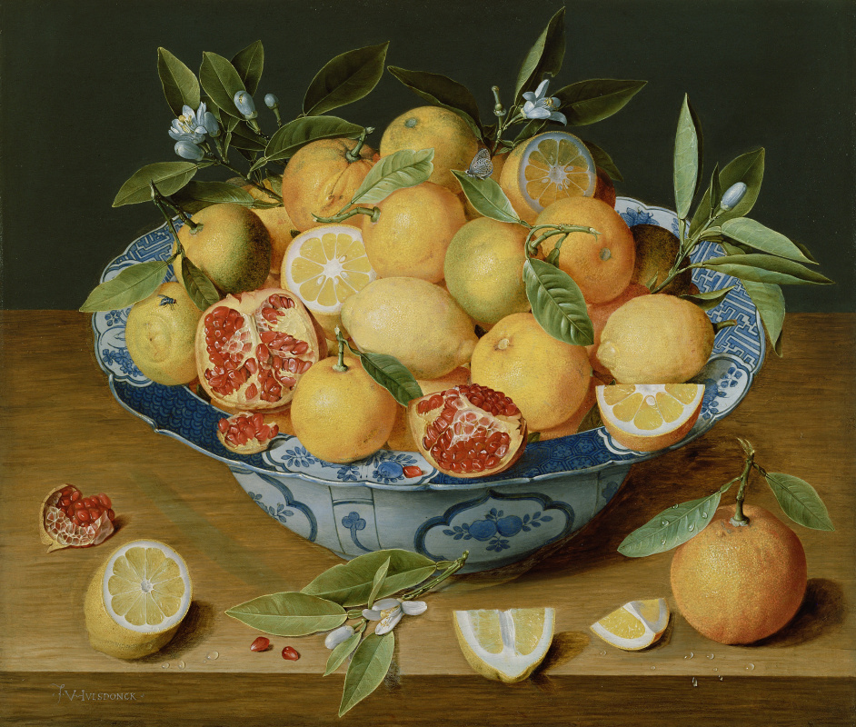 Якоб ван Хюльсдонк. Натюрморт с лимонами, апельсинами и гранатами