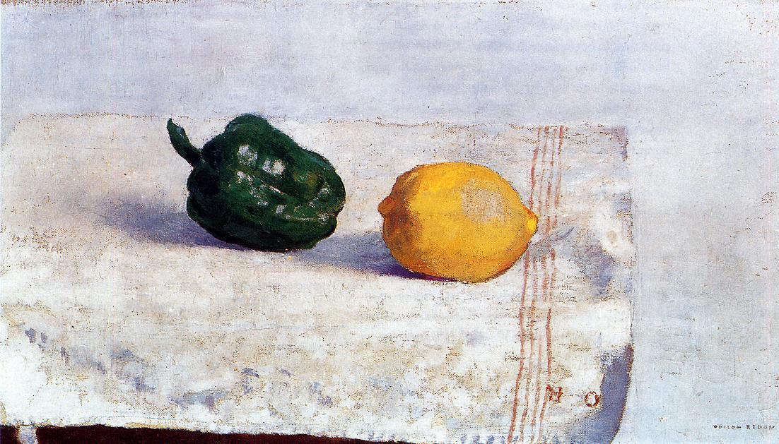 Одилон Редон. Перец и лимон на белой скатерти