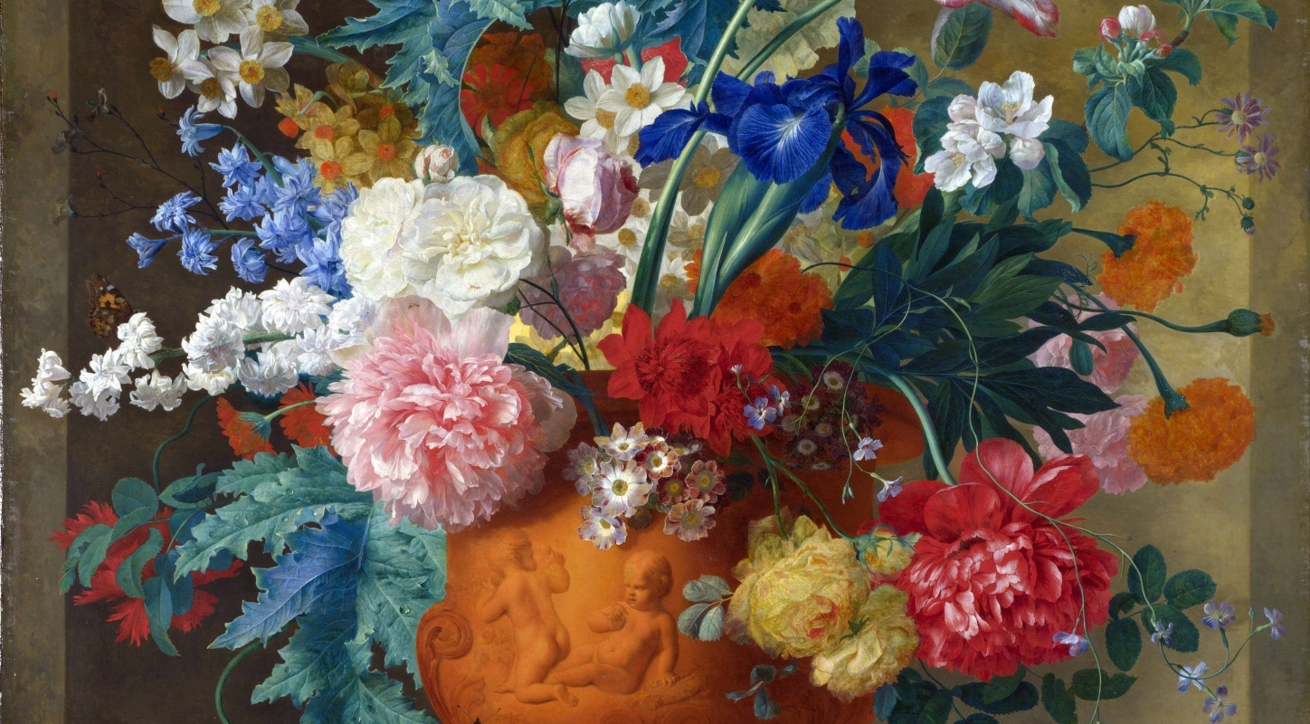 Ян ван Хейсум. Цветы в терракотовой вазе (фрагмент)