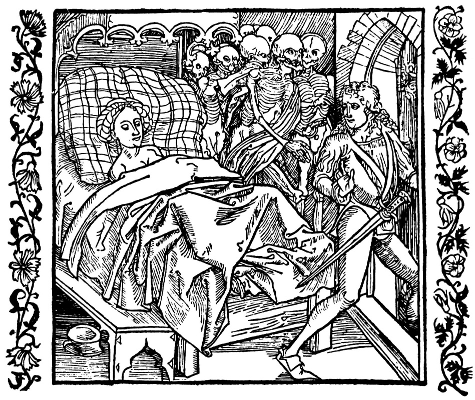 Альбрехт Дюрер. Иллюстрация к книге "Рыцарь де ля Тур". Дочь императора Константинополя охраняют от нескромного рыцаря мертвецы, собравшиеся у её постели
