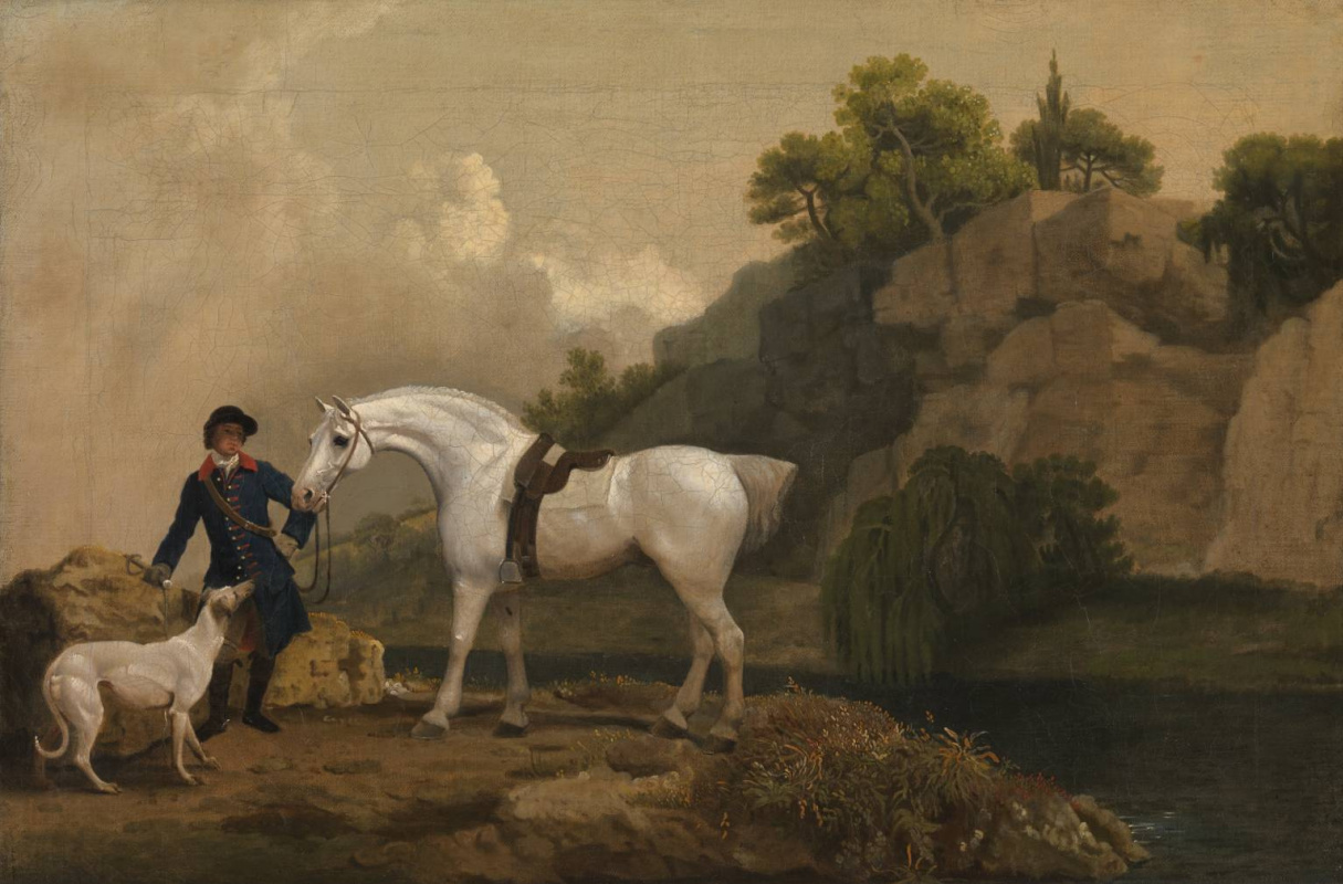 Джордж Стаббс. Конь Серый охотник с конюхом и борзой на фоне скал Кресвел-Крэгс