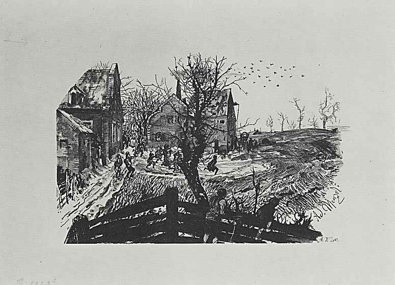 Адольф фон Менцель. Иллюстрация к "Разбитому кувшину" Генриха фон Кляйста, Жители деревни преследуют убегающего Адама