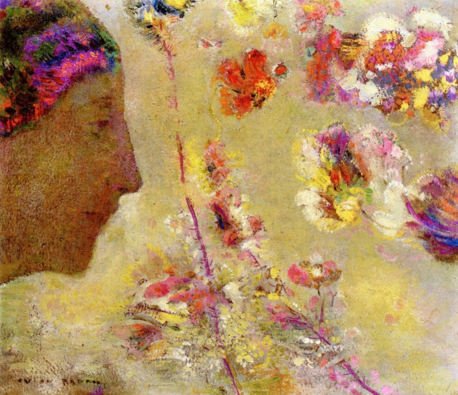 Одилон Редон. Профиль женщины с бабочкой и цветами