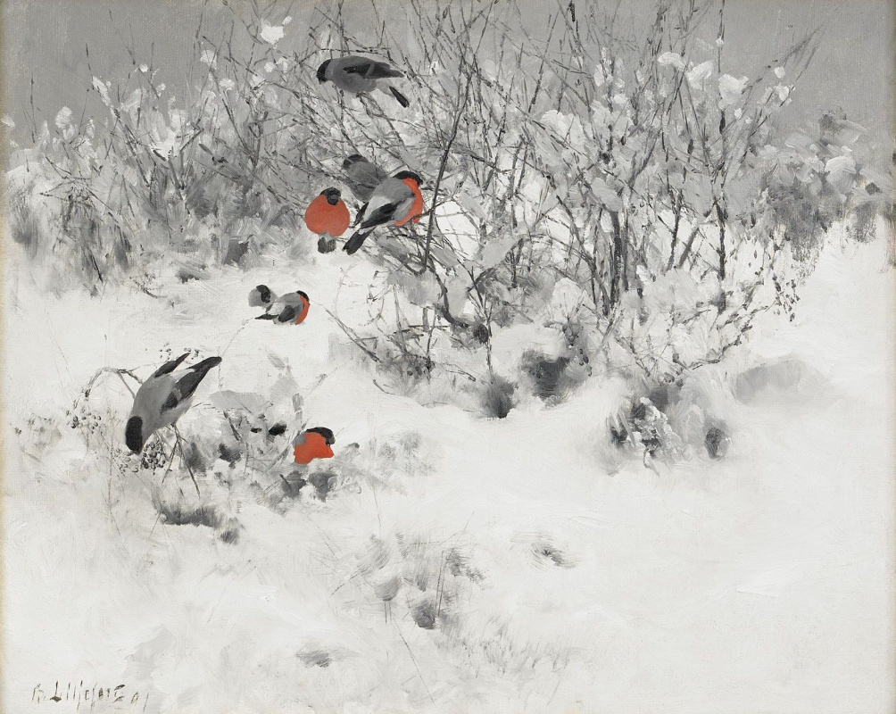 Бруно Лильефорс. Зимний пейзаж со снегирями