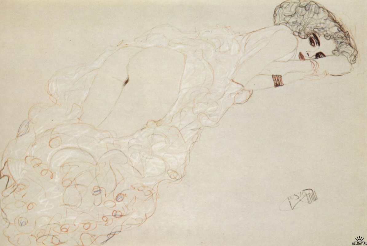 Густав Климт. Лежащая на животе обнаженная женщина