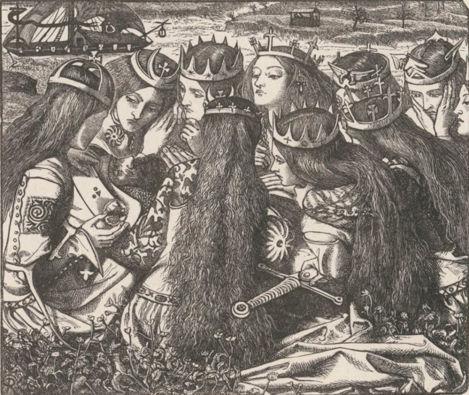 Данте Габриэль Россетти. Король Артур и плачущие королевы. Иллюстрация к поэзии Теннисона