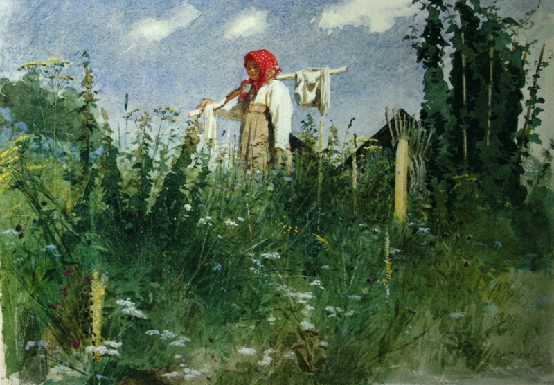 Иван Николаевич Крамской. Девочка с бельем на коромысле среди травы