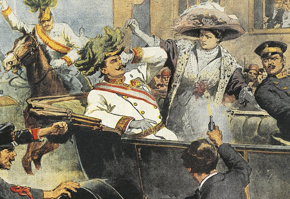 Неизвестный художник. Покушение на эрцгерцога Франца Фердинанда и его жену герцогиню Софию, Сараево, 28 июня 1914 года