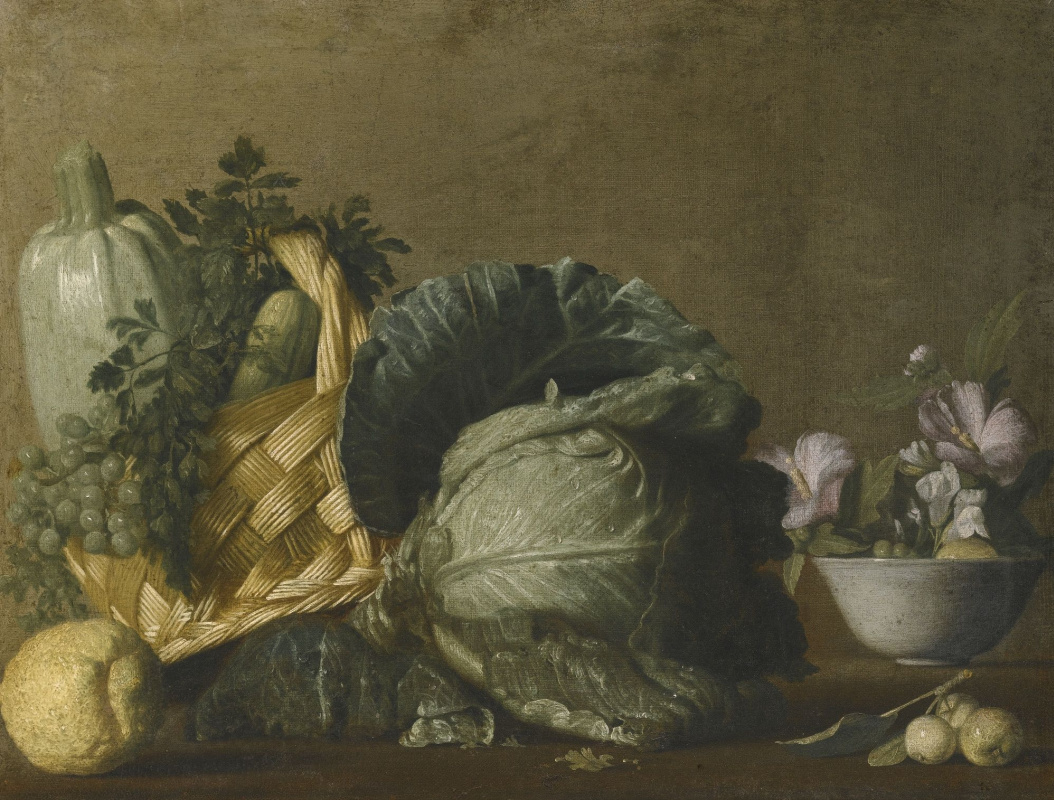 Бернардо Строцци. Натюрморт с кабачками и виноградом в корзине, капустой, лимоном и цветами в вазе