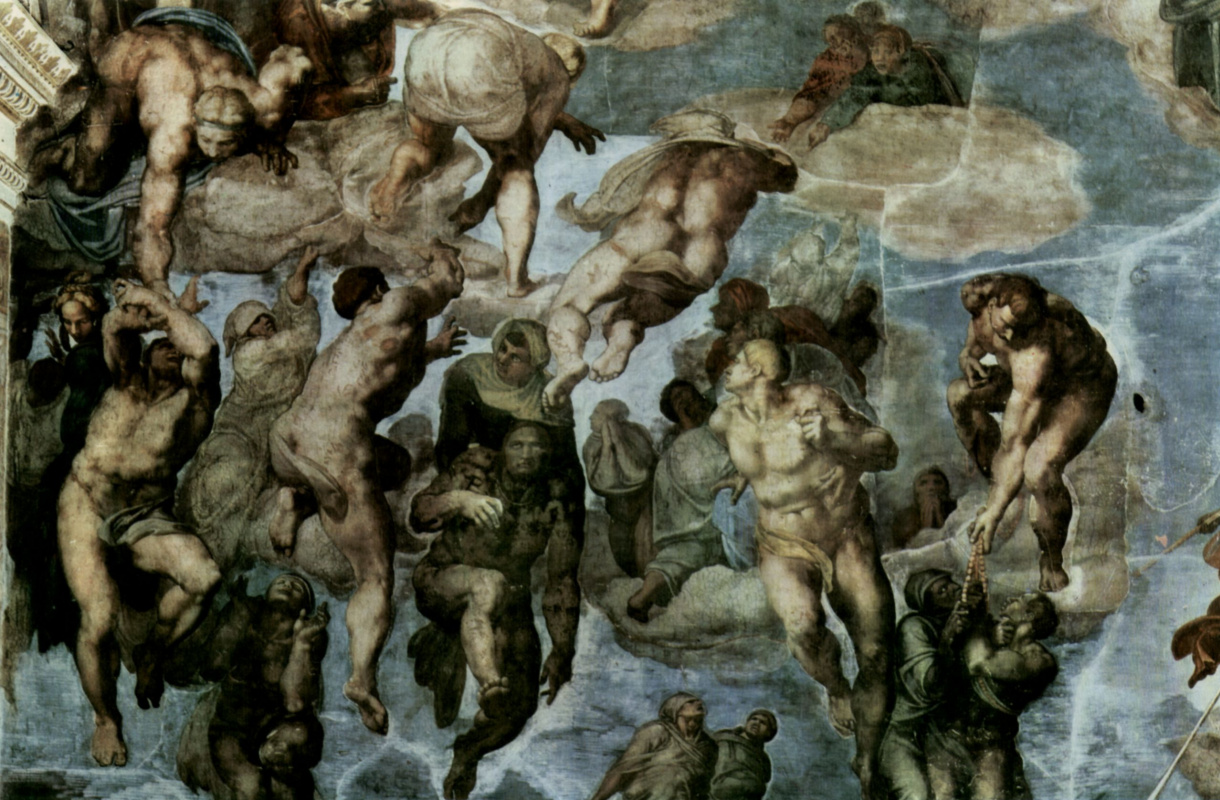 Микеланджело Буонарроти. Страшный суд, деталь: Ангел поднимает души на небо