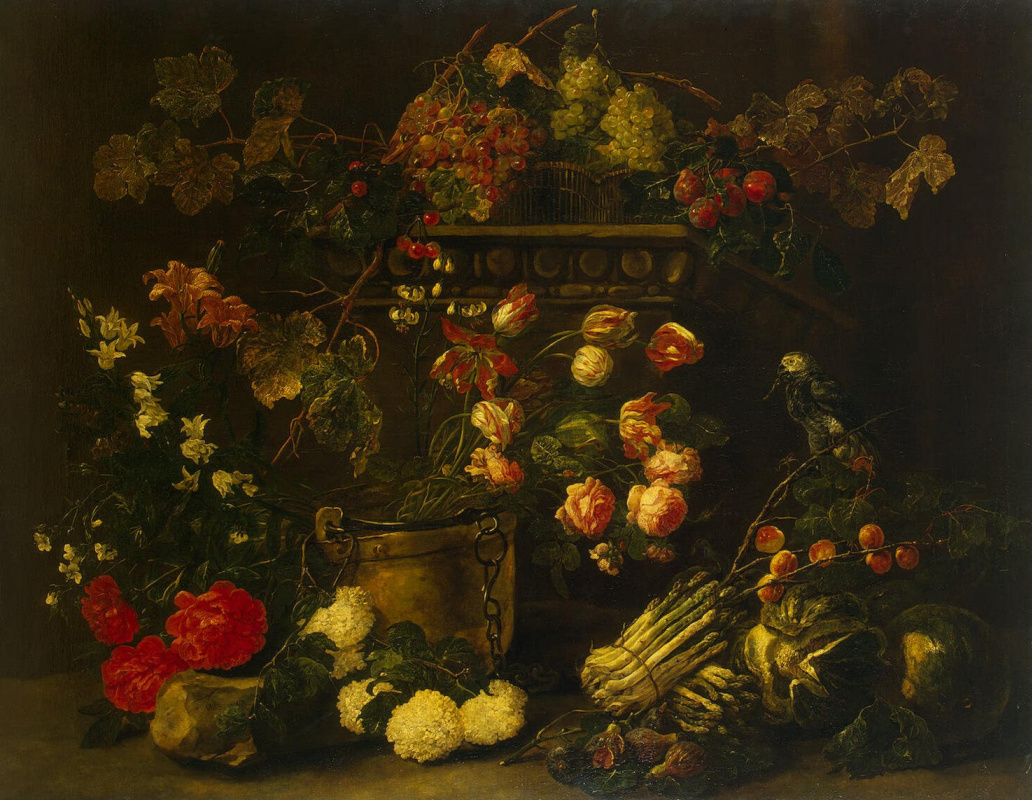 Ян Фейт. Натюрморт с цветами, фруктами и попугаем