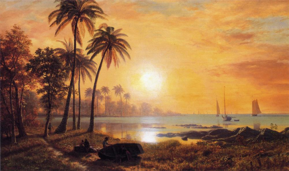 Альберт Бирштадт. Тропический пейзаж с рыболовецкими лодками на пляже