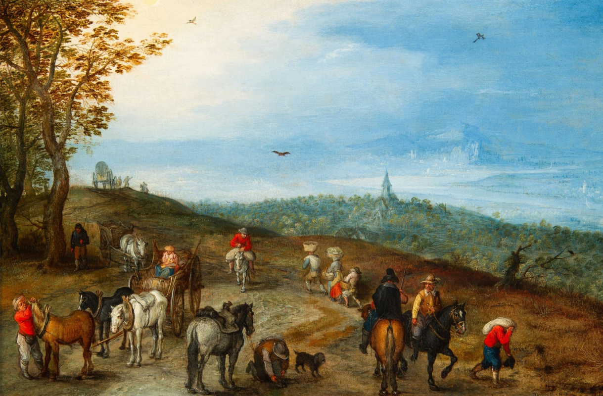 Ян Брейгель Старший. Обширный пейзаж с путешественниками на сельской дороге. 1608-1610