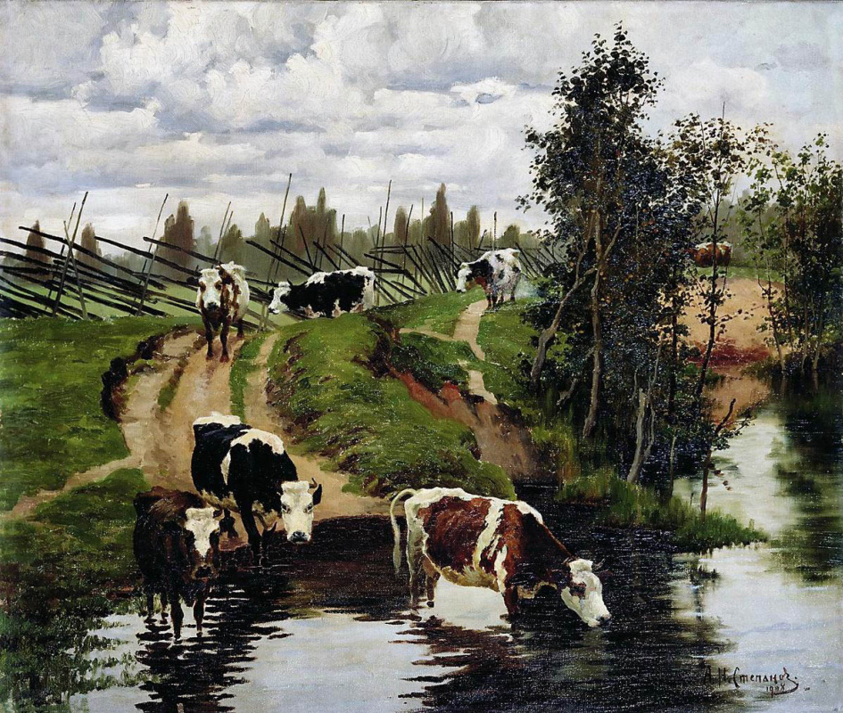 Алексей Степанович Степанов (1780-1887). Коровы на водопое. 1908