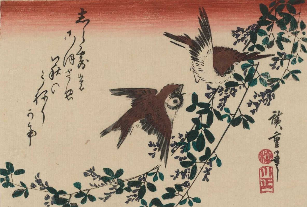 Утагава Хиросигэ. Два воробья спорят в кустах клевера. Серия "Птицы и цветы"