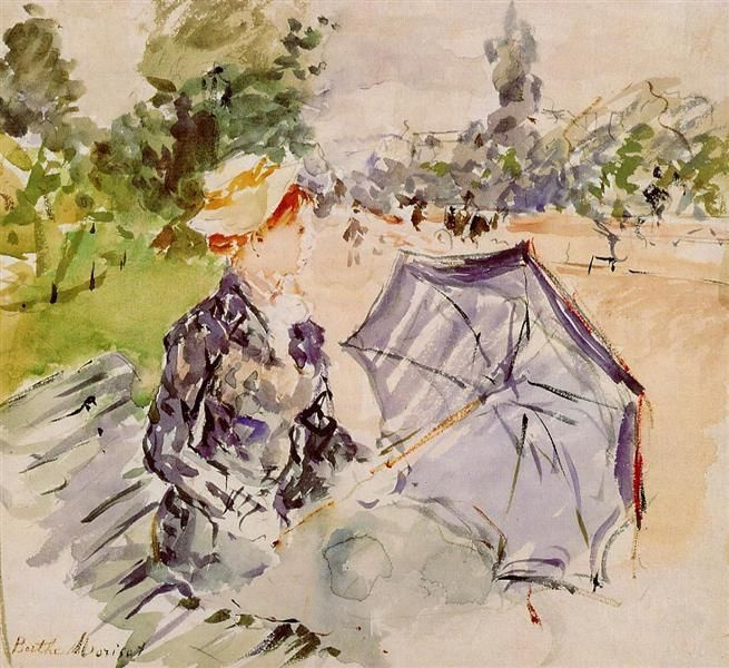 Дама с зонтиком, сидя в парке