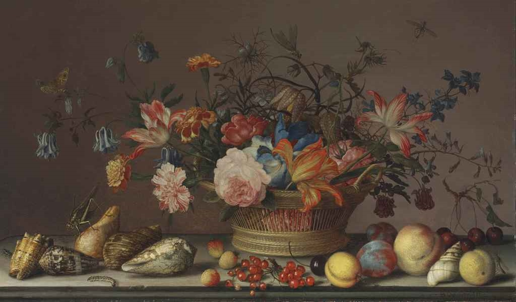 Балтазар ван дер Аст. Натюрморт с цветами в корзине, раковинами, фруктами и насекомыми