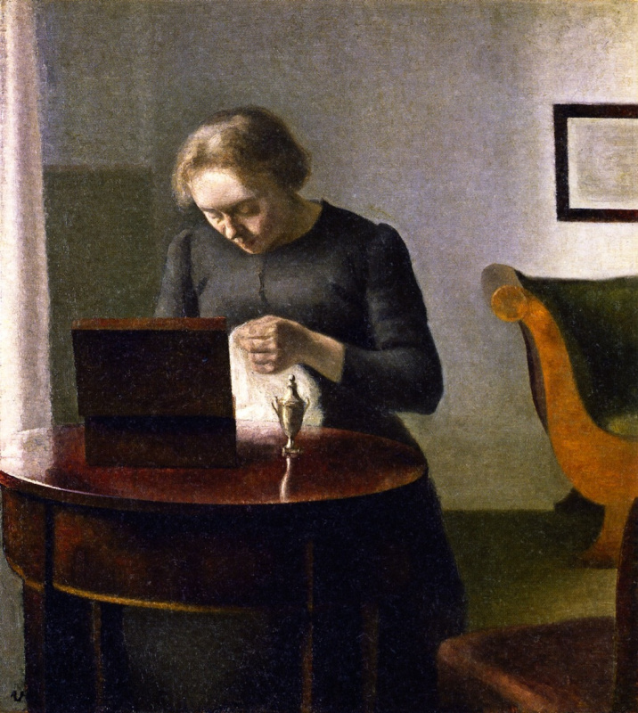 Vilhelm Hammershøi. Interior. Ida, sewing at the table