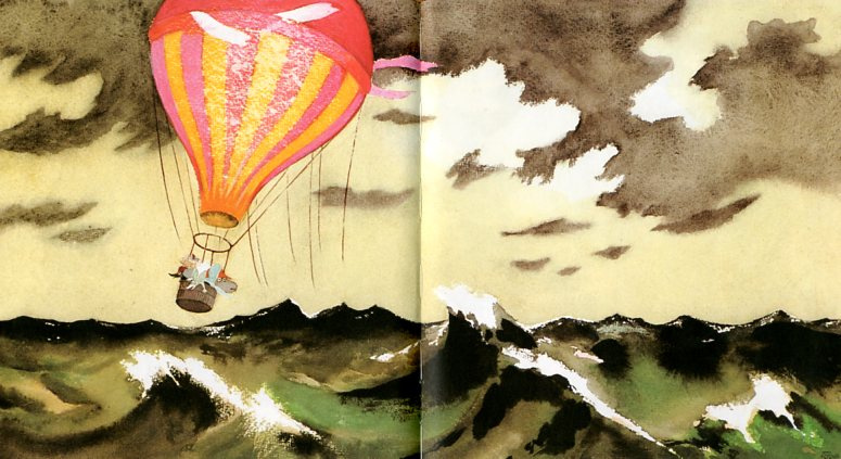 Туве Янссон. Иллюстрация для книги "Опасное путешествие". На воздушном шаре