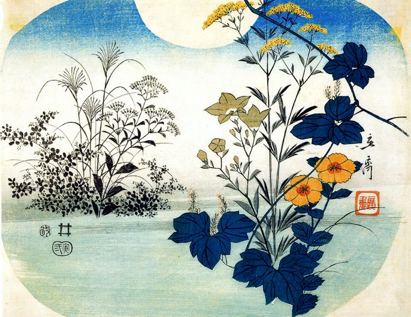 Утагава Хиросигэ. Цветы на фоне лунного диска