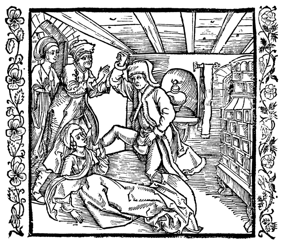 Альбрехт Дюрер. Иллюстрация к книге "Рыцарь де ля Тур". Молодой мужчина бьёт ногами дерзкую жену