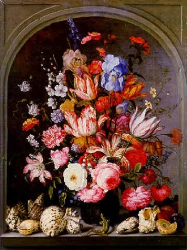 Балтазар ван дер Аст. Натюрморт с вазой с цветами в нише, раковинами и ящерицей
