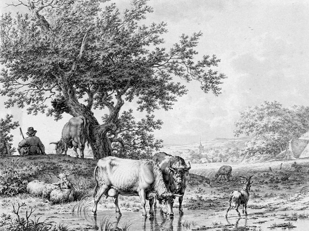 Иаков Кетс. Пейзаж с пастухом и крупным рогатым скотом