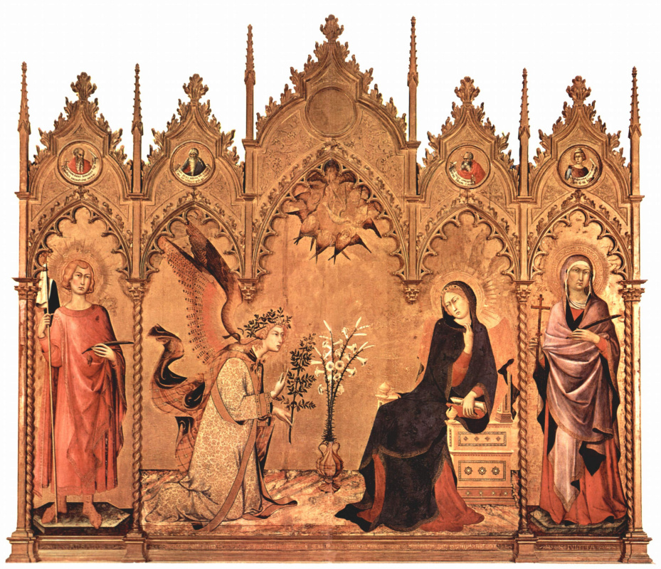 Симоне Мартини. Триптих Благовещения, центральная часть. Дева Мария. Слева: св. Ансан Сиенский.
