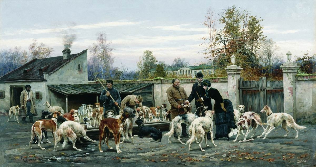 Алексей Данилович Кившенко. На псарне. 1884