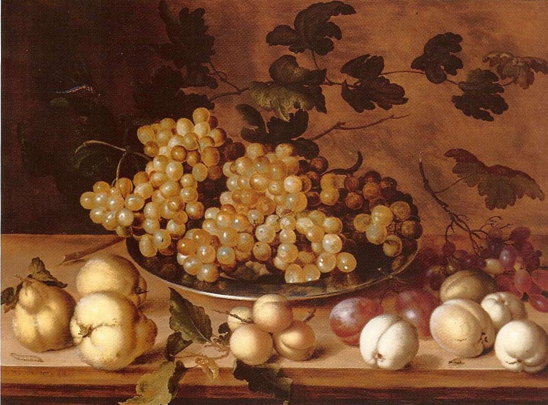 Балтазар ван дер Аст. Натюрморт с виноградом на блюде, персиками, сливами и грушами
