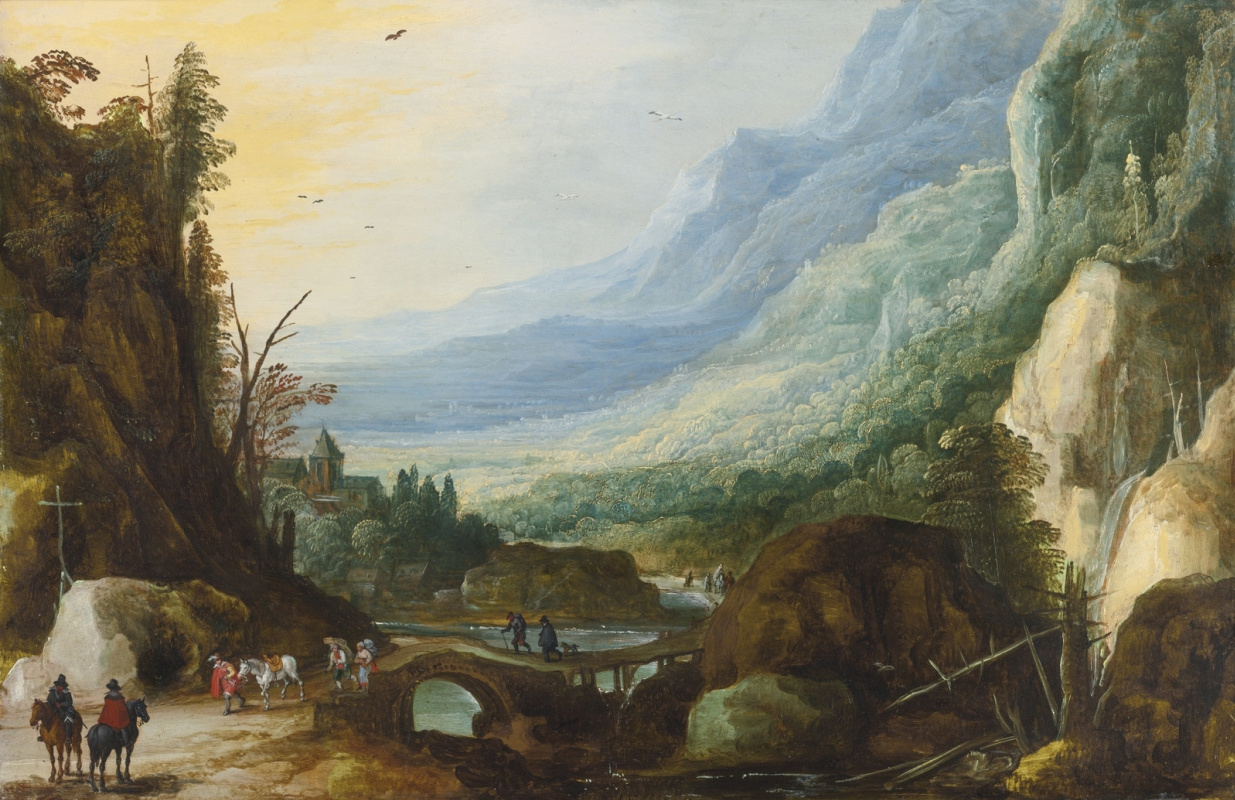 Ян Брейгель Старший. Гористый пейзаж с мостом через реку.  (совм с Йосом де Момпером Мл)