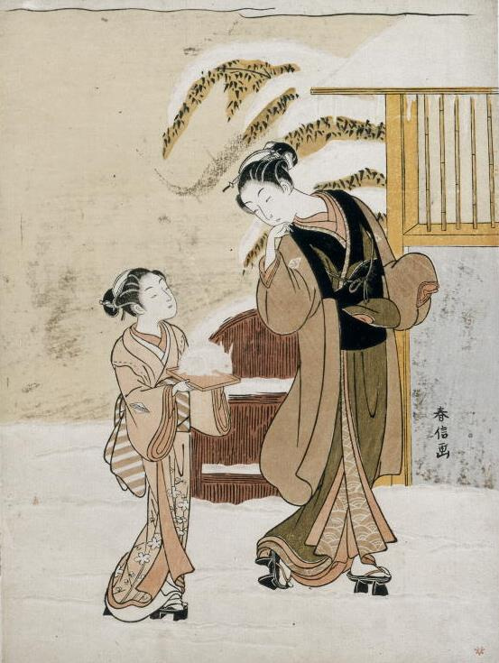 Судзуки Харунобу. Молодая женщина любуется снежным кроликом