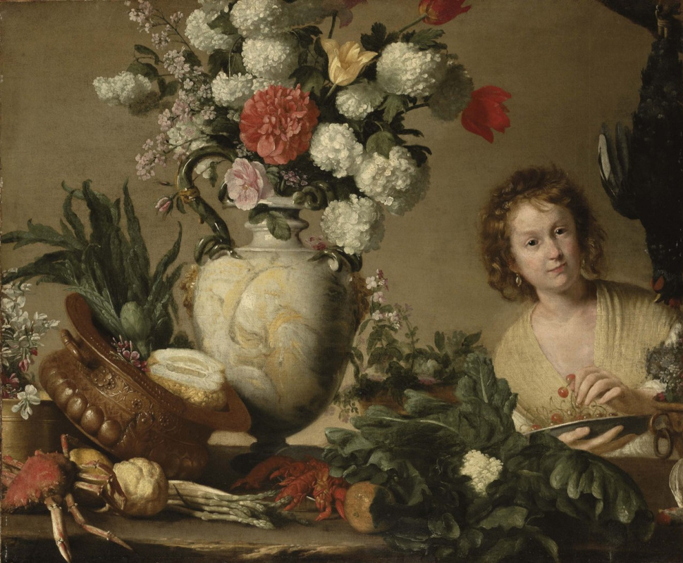 Бернардо Строцци. Цветочный натюрморт с женщиной держащей тарелку.