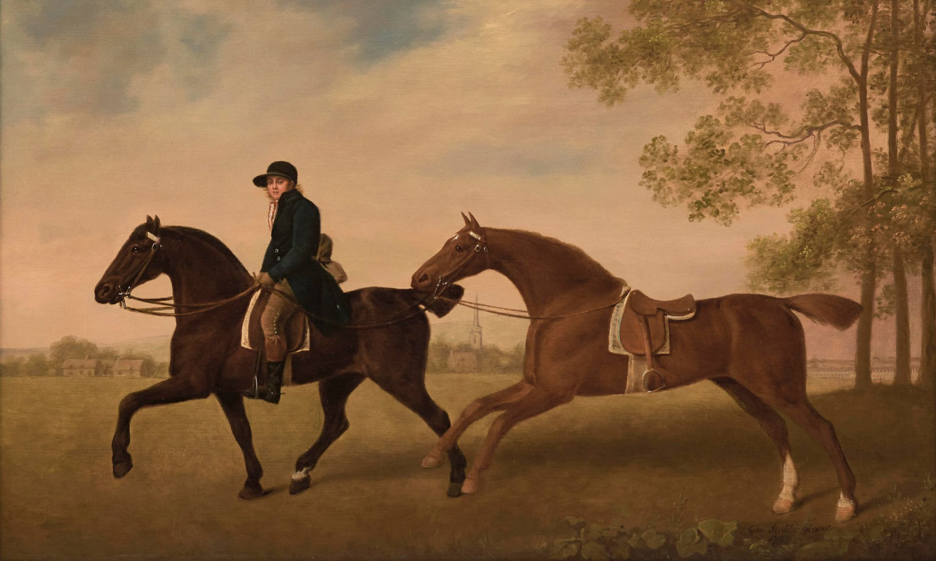Джордж Стаббс. Две верховые лошади с жокеем в синей ливрее на фоне пейзажа