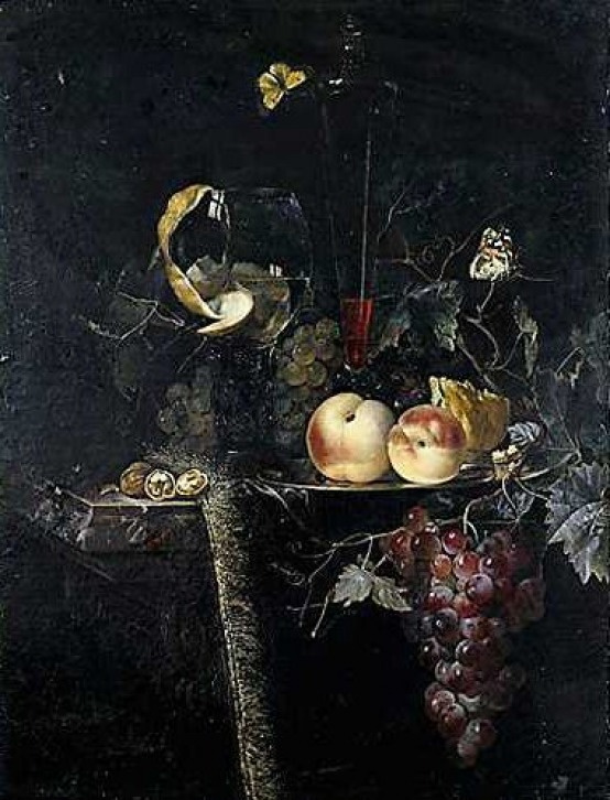 Виллем ван Алст. Натюрморт с бабочками, фруктами и бокалом