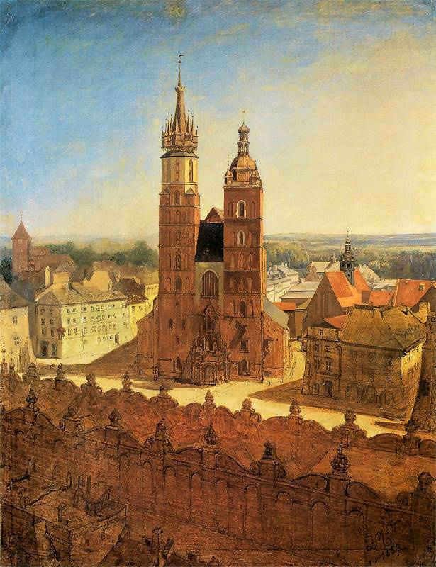 Ян Матейко. Вид с башни ратуши на Рыночную площадь и церковь Святой Марии в Кракове